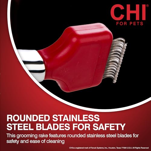 CHI for Dogs Dematting and Deshedding Undercoat Rake Dog Grooming Tool Long Hair and Double Coats Rounded Blade Teeth Remove Mats and Loose Undercoat Detangling Rake Shedding Control Ergo Handle | Rounded blade teeth remove mats and loose undercoat, for l