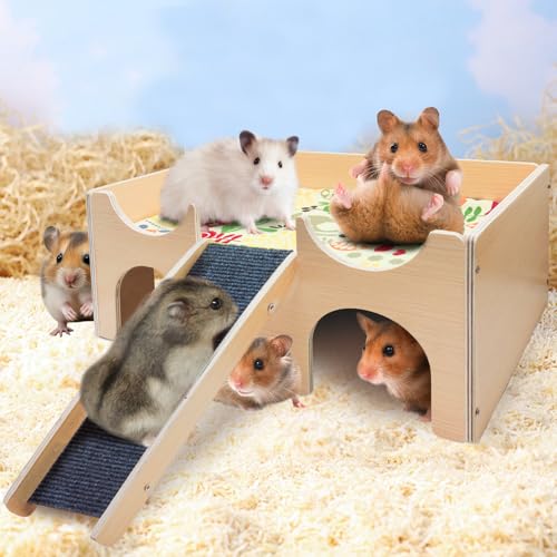 Wooden Hamster House Hideout, Natural Wood Small Animal Hut with Stairs, Cute Hamster Cage Accessories Habitat for Hamsters, Guinea Pigs, Chinchillas, Gerbils, Rabbits, and Other Small Pets