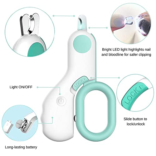 Leo's Paw Cat Nail Clipper with LED Light - Safe Cat Claw Trimmer & Clipper with Sharp Stainless Steel Blades and Childproof Lock - Suits Small Animals (Mint)