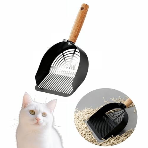 Chinshwehaw Premium Stainless Steel Cat Litter Scoop-Triple Guard Walls&Non-Stick Design,Silver,Flat Shovel Head Design Solid Deep Edge Wood Handle,Dual Hooks 1Pack,6.1x5.3inch (Black Long Strip) - color: Black