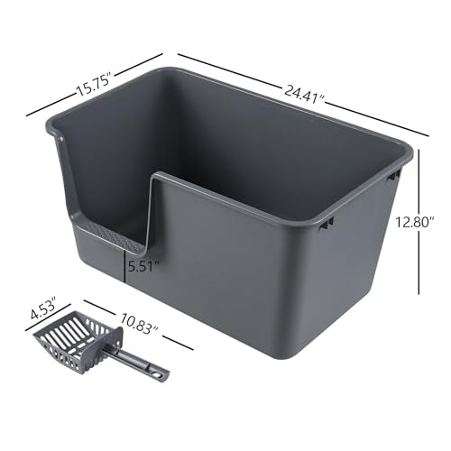 Set of 4 Open Top High Sided Cat Litter Pan, Large Cat Litter Box | Easy Entry, Tall Walls Help Reduce Scatter, Durable Plastic, Ideal for Big Cats and Multi-Cat Homes, with Scoops, Grey