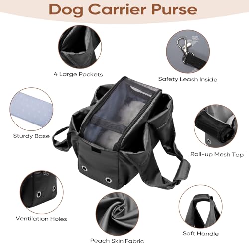 Dog Purse Carrier for Small Dogs, Cats, and Puppies – Soft-Sided Travel Pet Tote Bag with 4 Large Pockets, Foldable, Lightweight, Fits Pets up to 15 lbs, for Travel, Outings (Black) - color: Black