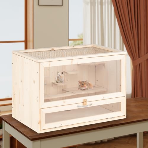 PETSITE Hamster Cage Chewproof, Wooden Hamster Habitat Playpen with Mesh Flip Roof, Multiple Ladder Areas, Ramp Design, Acrylic Panel, and Lockable Door, 23.5 x 14 x 16.5 Inches (L x W x H)