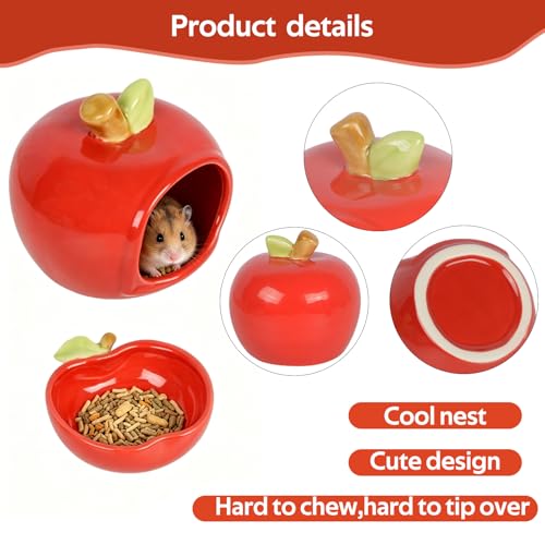Ceramic Hamster Hideout & Food Bowl Set, Red | Apple-Shaped, Chew-Proof Sleeping Cave, Cooling Shelter Function, 2.9-inch Entrance, For Syrian Dwarf Hamsters, Mice - color: Red