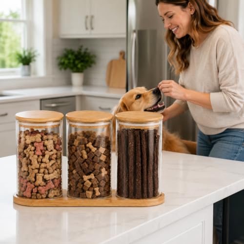 Dog Treat Jar-Dog Treat Container-with 3 Glass Jars and1bambootray,Fashionable Treat Containers with Lids for Pets-Cat Treat Container Glass & Bamboo Combo Set,for Cat Dog Treat Organizer(3 * 25oz)