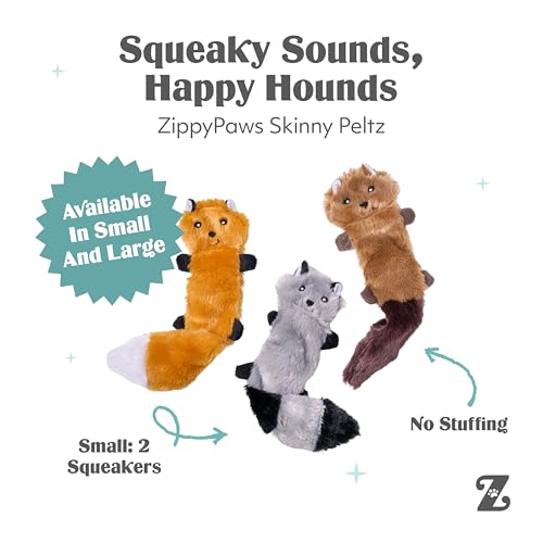 ZippyPaws Skinny Peltz No Stuffing Dog Toy Pack to Keep Them Busy - 11" | For Small and Medium Dogs, Squeaky Pet Toys, Unstuffed Chew Toys, Soft Plush Variety Pack, Fox, Raccoon, and Squirrel - style: Fox, Raccoon, Squirrel
