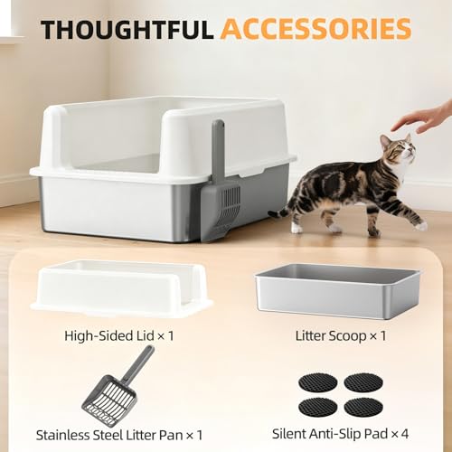 WoofiGo XXL Stainless Steel Cat Litter Box, High Sided Open Top Litter Pan | Anti-Urine Leakage Design, Spacious Interior for Big Cats, Non-Stick, Odor Resistant, Easy Clean, Scoop Included (White) - color: 24 - White (Pack of 1)