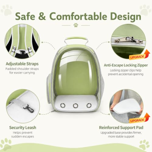 Expandable Cat Carrier Backpack with Bubble Window and Mesh, Light Green | Anti-collapse frame, breathable mesh, escape-resistant zipper clips and safety leash for vet visits and outdoor travel. - color: LightGreen