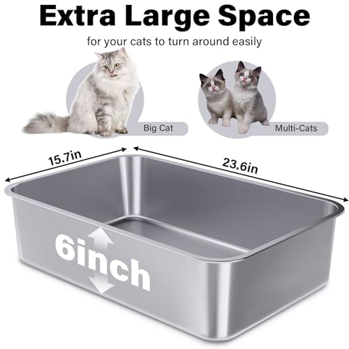 Stainless Steel Litter Box 2 Pack, Metal Litter Box XL | 23.6" X 15.7" X 6" Extra Large Steel Litterbox for Big Cat, Multiple Cats, Non Stick, No Smell, Easy Cleaning - size: 2 Pack-X-Large (23.6"×15.7"×6")