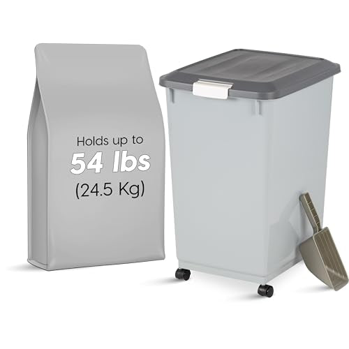IRIS USA Dog Food Storage Container, 2-Pack, Up to 54 lbs, Gray/Dark Gray | Made in the USA, Comes w/ Wheels & 2-Cup Scoop, Airtight Seal, BPA-Free, Bird Seed, Cat food, Cat Litter, Multi-Pet Household - color: Gray/Dark Gray, size: 54 lbs - 2 Pack