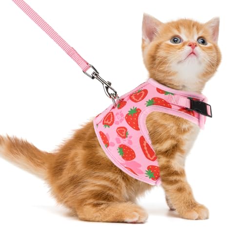 PUPTECK Soft Mesh Cat Vest Harness and Leash Set Puppy Padded Pet Harnesses Escape Proof for Cats Small Dogs Rabbits Bunny - color: Light Pink(Strawberry), size: S(NECK 6", CHEST 8.5", 2-4 lbs)