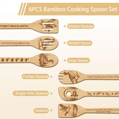 GLOBLELAND 6 Pcs Duck Wooden Spoons Utensil Set Pond Duck Bamboo Carving Kitchen Cooking Utensils Wooden Engraved Cooking Spatula Sets for Kitchen Fun House Warming Gift - color: Duck