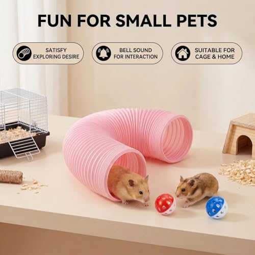 Hamster Collapsible Tunnel Tube Toys with 4 Bell Balls, Expandable Small Animal Hideout Exercise Toy 7.8inch Unextended 32.7inch Extended for Guinea Pig Gerbil Rat Ferret (Pink) - color: Pink