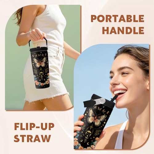 Butterfly 28 oz Tumbler, with Handle Lid Straw, Stainless Steel Cup | 28oz Insulated Tumbler, Travel Leak Proof Water Bottle, Thanksgiving Christmas Birthday Gift for Animal Moon Butterfly Lovers - color: Black