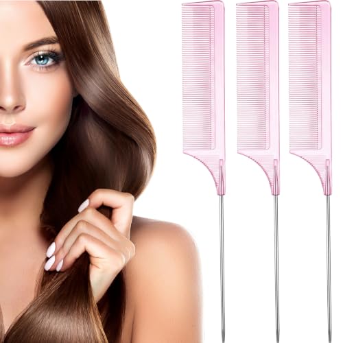 Leinuosen 3 Pack Rat Tail Comb Carbon Fiber,Clear Pink | Steel Pin Tail for Sectioning, Heat Resistant Teasing, Pick Comb for Women Wig Styling, Fishtail Design for Salon Updos - color: Clear Pink