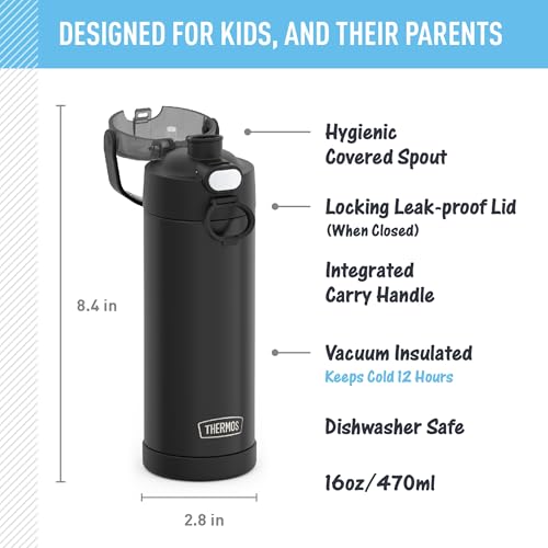 THERMOS FUNTAINER Water Bottle with Spout, 16oz, Black Matte | Kids Stainless Steel Insulated Water Bottle, Keeps Drinks Cold Longer for School & Play, BPA-Free - color: Matte Black, size: 16 Ounces