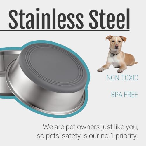 Nonslip Stainless Steel Dog Bowls, 7.6 US Cup, 2 Count | No slide silicone bottom, Dishwasher safe, Easy to clean, Stackable design - size: 7.6 Cup