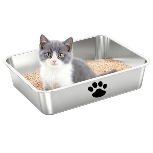 Stainless Steel Cat Litter Box,Metal Kitty Litter Pan,Kitty Shallow Litter Box for Small Animals Cats Kitty,Rabbits Toilet,Easy to Clean,Non Stick - size: 15.7"x 11.8"x 4"