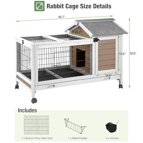 Wooden Rabbit Hutch Indoor and Outdoor, Rabbit Cage with Removable Wire Netting and Leak Proof Tray, Mobile Bunny Cage with Wheels (Brown)