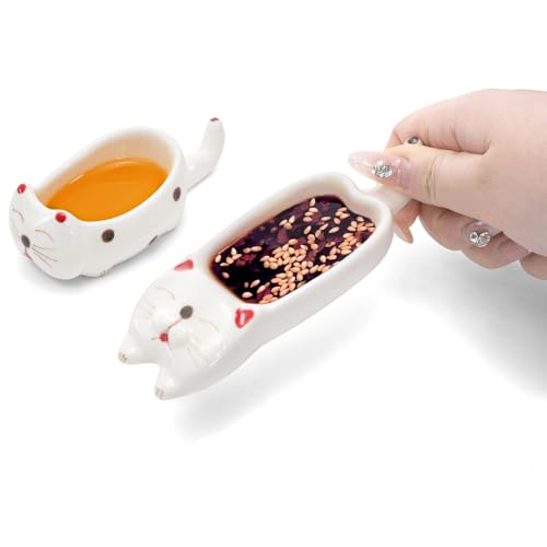 6 Pcs Cute Soy Sauce Dipping Bowls, Small Ceramic Dipping Dishes, Mini Cat Shape Sushi Tray with Chopstick Holder Tableware for Seasoning Oil Vinegar Ketchup Wasabi, Japanese Style