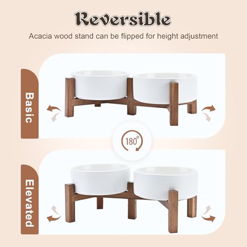 SPUNKYJUNKY Ceramic Dog Bowls with Acacia Wood Stand - Raised Dog Food and Water Bowl Set for Small Dogs (13.52 OZ, White) - color: White, size: 13.52 Oz