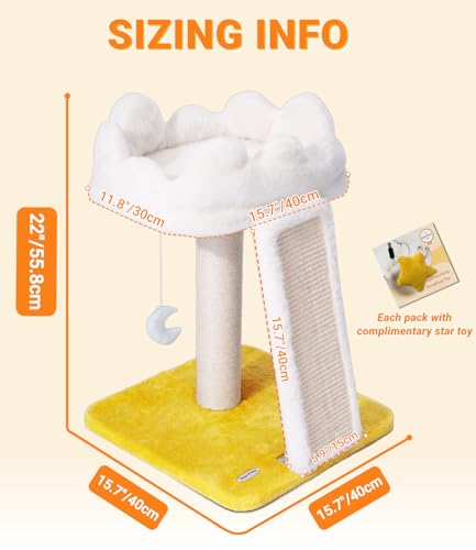 Cat Tree, Cloud Cat Tower with Soft Bed, Cat Scratching Post & Pad with Larger Perch for Window Viewing, Small Cat Tree with Cute Toys, Bonus Catnip - size: 22" with Scratching Pad