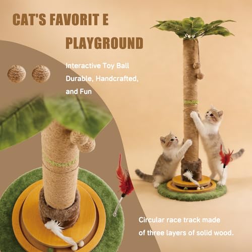44" Tall Palm Tree Cat Scratching Post with Sisal Rope,Dangling Balls,Natural Healthy Catnip Balls,Cat Toy Mouse Hole,Interactive Wooden Ball & Cats Wand for Indoor Cats Adults and Kitten
