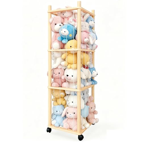 Stuffed Animal Zoo Storage with Lockable Wheels, Natural Wood | Sturdy Solid Wood Toy Organizer, Large Capacity Plush Toy Cage, Space-Saving for Toddler/Playrooms/Bedrooms - color: Natural Wood
