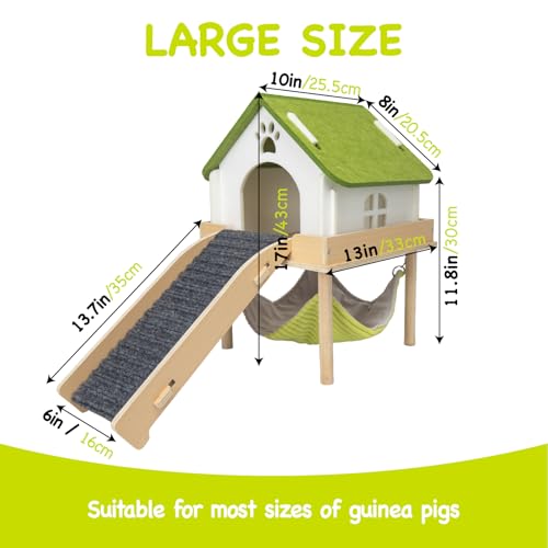 BESNEW 3 in 1 Enlarged Guinea Pig Hammock,Wooden Guinea Pig Hideout with House & Platform & Stairs Small Animal Toys for Hiding Sleeping Activities - color: Matcha White