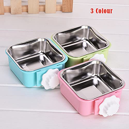 Crate Dog Bowl,Removable Stainless Steel Water Food Feeder Bowls Crate Coop Cup,Pet Cage Bowls with Bolt Holder for Cat, Puppy, Birds, Rats, Rabbits Small Animals ((Blue+Green+Pink) Square, Samll) - color: (Blue+Green+Pink) Square, size: Small