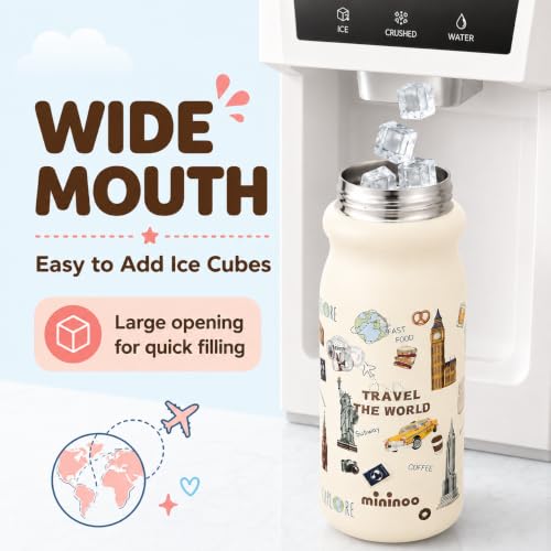 Mininoo 18oz Insulated Stainless Steel Kids Water Bottle for School | 2-in-1 Straw & Spout Lid, Leak-Proof, BPA-Free, for Girls & Boys, White - color: 18oz White-Travel the World