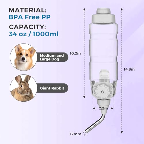 Vannon Dog Crate Water Bottle, 34oz Top-Fill Pet Water Dispenser, Grey | kennel water bottle helps keep pets hydrated longer with fewer refills and easy daily care. - color: Grey, size: 34oz