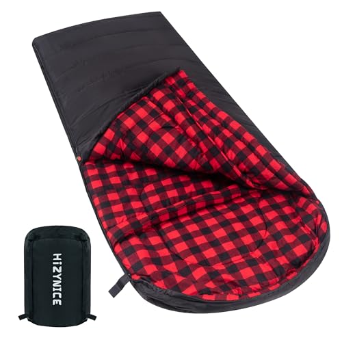HiZYNICE Sleeping Bags for Adults XXL Cold Weather | 100% Cotton Flannel Winter Camping Large 90 x 39 in,Compression Sack Included - color: Black, size: 20F Left Zip
