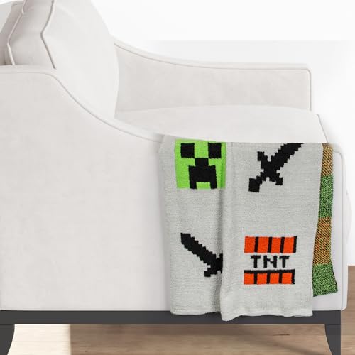 Jay Franco Minecraft Feather Knit Fluffy Throw Blanket - Creeper and Weapons Fuzzy Blanket Measures 50 x 60 Inch, Super Soft Lightweight Gamer Bedding - color: Gray - Minecraft
