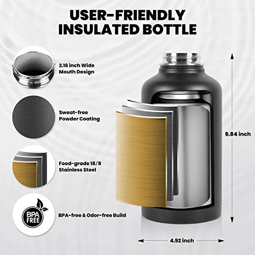 RAYMYLO Insulated Water Bottle 64 oz, Triple Wall Vacuum Stainless Steel | (Cold for 48 Hrs), Leak Proof & Non-BPA, Half Gallon Water Flask Jug with Paracord Handle & Straw Spout Lids - color: Magic Black, size: 64 Ounces