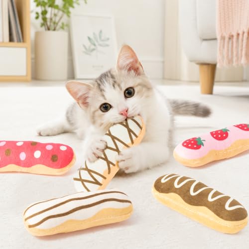 MALLMALL6 Eclair Catnip Toys for Cat - 5Pcs Chocolate Strawberry Dessert Catmint Interactive Toy Gift for Indoor Kitty, Biting Chew Kick Cats Supplies, Soft French Pastry Pet Present for Kitten Lover - style: Eclair