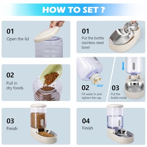 Automatic Cat Feeder and Water Dispenser with Stainless Steel Bowl Gravity Food Feeder and Waterer Set for Small Medium Dog Puppy Kitten 1 Gallon x 2(Beige) - color: Stainless Steel-Beige