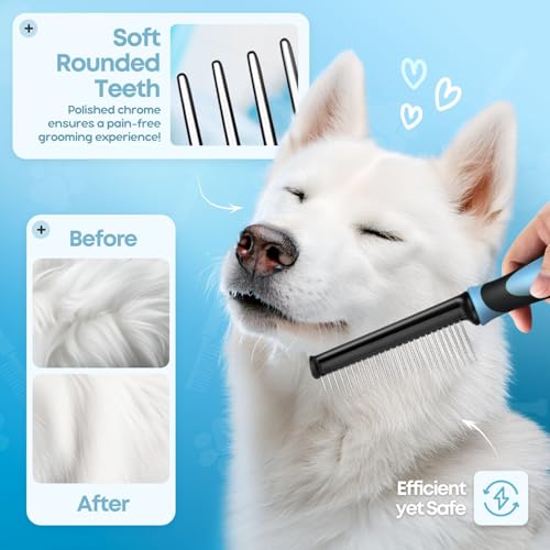 Flexzion Metal Dog Comb for Grooming and Dematting, Blue Soft-Grip Handle | Detangling Pet Comb for Dogs and Cats with Rounded Stainless Steel Teeth and a Non-Slip Grip - color: Blue