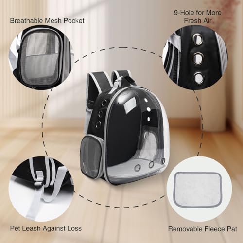 Vivicreate Large Cat Backpack Carrier for Travel and Hiking Transparent Pet Bubble Backpack for Cats up to 20lbs with Ventilation and Padded Straps Mochila para Gatos transportadora mascotas (Black)