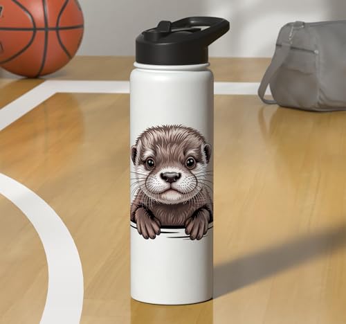 Cute Otter Pup Funny Peeking Pocket Animals Stainless Steel Insulated Water Bottle - color: White