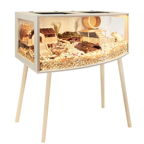 PROLEE Hamster Cage with Curved Design, Chew Proof Wooden Hamsters Enclosure with Leg Stand and Openable Top for Gerbils,Hamster Habitat, 48x20x20 Inch - size: 48.0"L x 20.0"W x 20.0"H