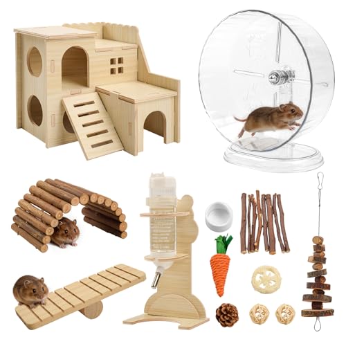 20 Pcs Hamster Cage Accessories Set, Includes 9.5" Silent Hamster Wheel, Maze Wooden House, Water Bottle Stand, Food Bowl & 16 Natural Chew Toys – Habitat Accessories for Hamster, Gerbil & Mouse