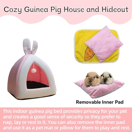 Guinea Pig Bed,Fleece Bunny Hideout House,Warm Rabbit Sleeping Bed with Pee Pad,Winter Large Hiding Hut for Hamster Ferret Rat Chinchilla Hedgehogs,Pink - color: Pink