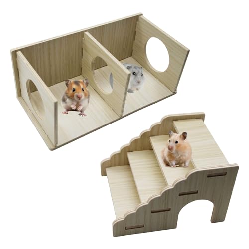 2-Chamber Hamster Tunnel & Wooden Climbing Ladder Bridge，Wooden Hamster Hideout with Ladder for Dwarf Syrian Hamsters Gerbils Mice or Other Small Pets