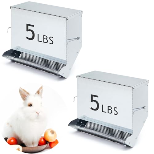 2 Pcs Rabbit Feeder for Cages Small Animal Food Pellet Dispenser with Lid Metal Chicken Grit Oyster Shell Squirrel Feeders Outside(11.8 Inches,Mesh Bottom,Silver) - color: Silver, size: 11.8 Inches, style: Mesh Bottom