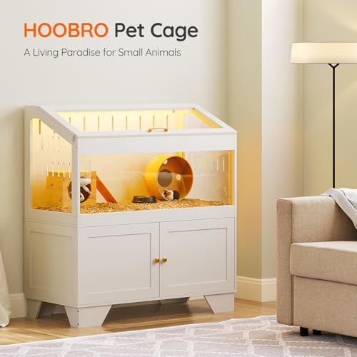 HOOBRO Large Hamster Cage, Acrylic Hamster Habitat with Storage Cabinet and Led Light Strip, Big Hamster Enclosure with Flip-Top Lid, Easy to Clean, 39.4" x 18.9" x 42.5", White WT01AC03G1