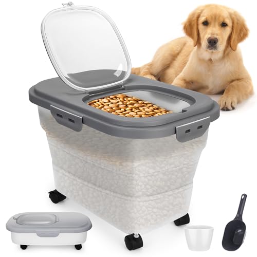Pet Food Container, Collapsible Dog Food Storage Container with Detachable Casters & Airtight Lid for Keeping Dry Kibbles, With Dog Food Scoop and Measuaring Cups - color: Gray