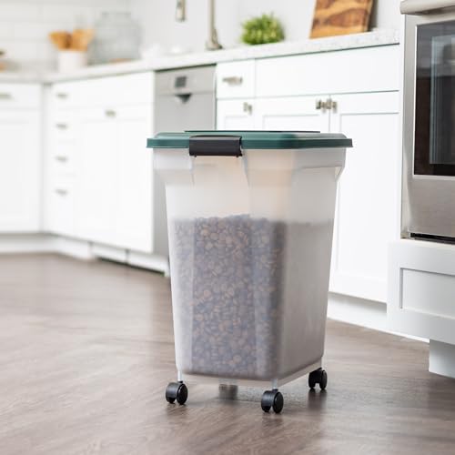 IRIS USA Remington WeatherPro Airtight Dog Food Storage Container, Up to 42 lbs, Attachable Wheels, For Dog Cat Bird and Other Pet Food Storage Bin, Keep Fresh, Translucent Body, Green - size: 42 lbs