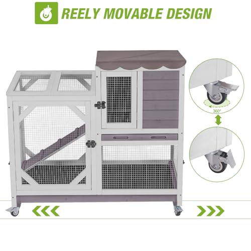 Gutinneen 2-Story Rabbit Hutch Indoor Bunny cage Outdoor Wooden Rabbit Cage House with Chew-Proof Ramp, 2 Leak-Proof Trays, 4 Lockable Wheels for Rabbits, Guinea Pigs, 39.3”L×22”W×36.8”H (Grey) - color: Grey, size: 39.3"L x 22.0"W x 36.8"H