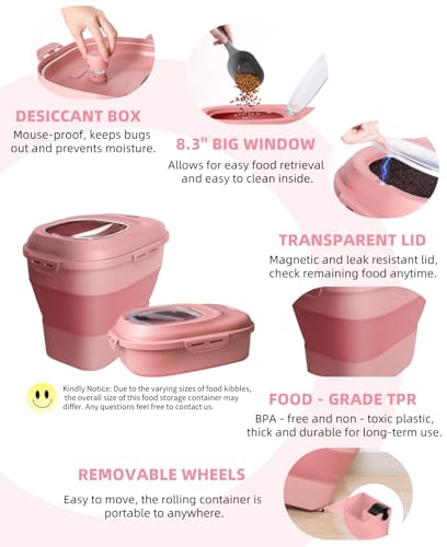 30-35Lbs Airtight Dog Food Storage Container,Collapsible Dog Food Container | Large Pet Food Storage Container with Double Airtight Seal & Magnetic Lid,Dog Food Bin with Wheels,2Pcs Containers,Scoop,Pink - color: Pink